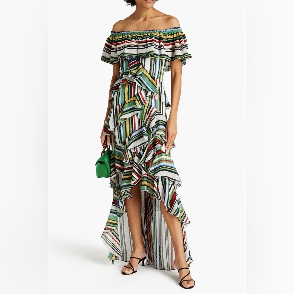 💕BADGLEY MISCHKA 💕
 STRIPED OFF THE SHOULDER RUFFLED HI-LOW GOWN DRESS N…